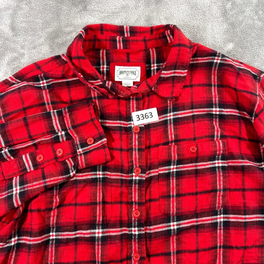 American Eagle Flannel Shirt Women XL Red Plaid Button Down Cropped Cotton